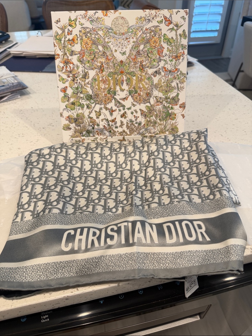 Dior Gray and White Reversable Christian Dior Oblique Diortwin 90 Square scarf